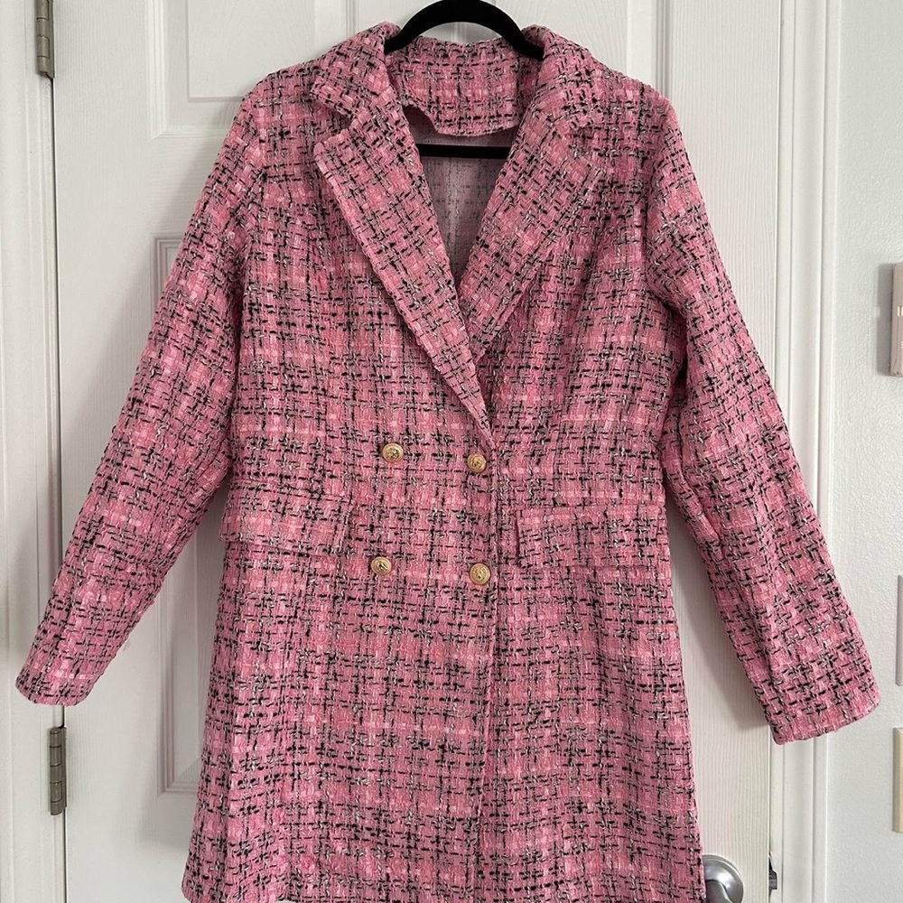 SHEIN Pink Tweed Double-Breasted Blazer